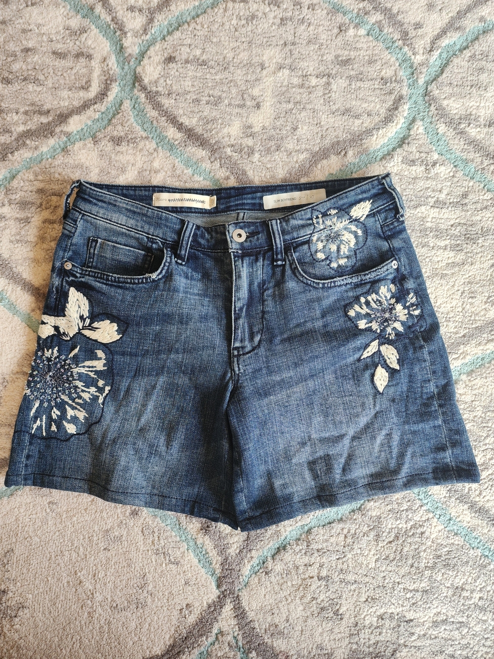 Pilcro and the Letterpress Blue Denim Shorts with White Floral Embroidery
